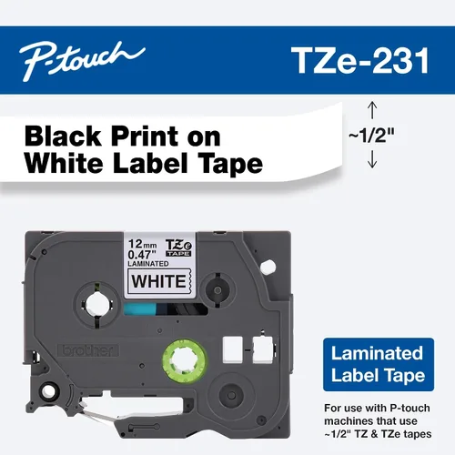 Vista 2 de Brother Cinta P-touch TZE-231 genuina, cinta laminada estándar de 1/2" (0.47") de ancho, negro sobre blanco, laminada para uso en interiores