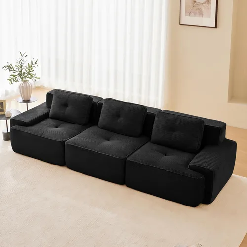 Vista 78 de Sofá moderno comprimido sin armazón de 116", sofás seccionales de 3 plazas para sala de estar, sofá seccional modular de pana verde nube, espuma