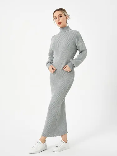 Vista 4 de Scacto Conjunto de dos piezas para mujer, suéter de cuello alto, sin botones, falda larga