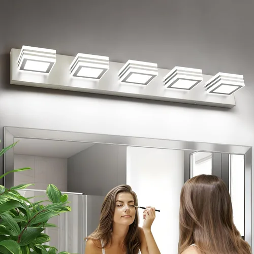 Vista 22 de SOLFART Lámparas LED para tocador de baño: 3 luces de níquel cepillado moderno acrílico para pared de baño sobre espejo de 20 pulgadas 5CCT Níquel