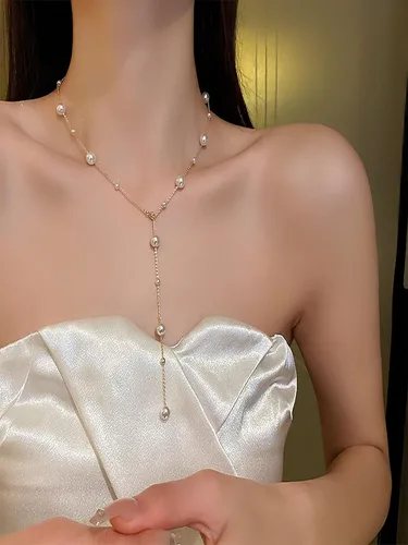 Vista 5 de Collar de Lariat negro para mujer, collar de diamantes de imitación negros, collar de cuentas boho en capas, collar de perlas de cuero, accesorios