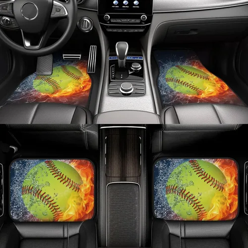 Vista 6 de Juego de 4 alfombrillas para piso de automóvil, softbol, béisbol en fuego y agua, estampadas, almohadillas para pies, impermeables, antideslizantes