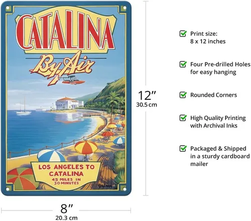 Vista 2 de Pacifica Island Art Catalina By Air - Póster de viaje de Los Ángeles a Catalina por Kerne Erickson - Cartel de metal vintage de 8 x 12 pulgadas
