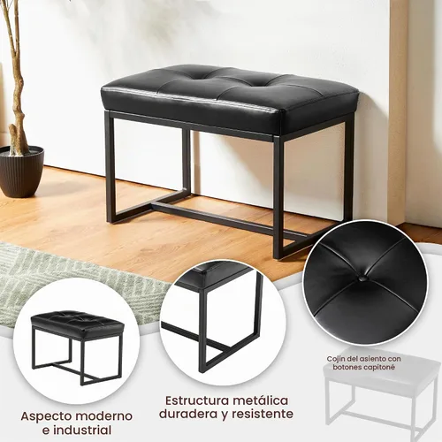 Vista 5 de Glitzhome Banco otomano, sillas modernas de piel sintética con marco de metal, taburete de maquillaje, taburete acolchado para sala de estar Negro
