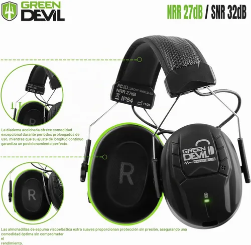 Vista 4 de GREEN DEVIL Auriculares Electrónicos Bluetooth de Protección Auditiva con Micrófonos de Brazo Articulado, Orejeras con Cancelación de Ruido de 27dB