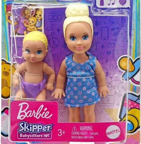 Vista 5 de Barbie Skipper Babysitters Inc - Mini muñeca para bebés y niños pequeños, paquete de 2 (rubio, corazones)