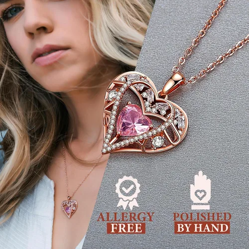 Vista 58 de Collar de cristal de 5 corazones, chapado en oro rosa de 18 quilates, colgante con cadena de plata de ley 925 de 18 + 2 pulgadas, joyería de piedra