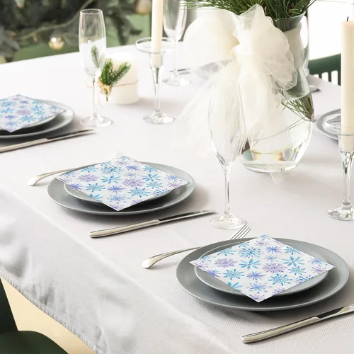 Vista 6 de 80 servilletas de papel de Navidad desechables con copos de nieve azules y morados, servilletas de cena de acuarela de invierno para Navidad
