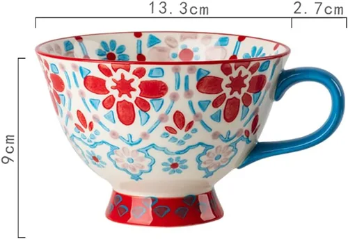 Vista 2 de Tazas de café de cerámica de gran capacidad pintadas a mano con patrón floral – Tazas jumbo, té, leche, cereales, taza de desayuno, juego de 4 – 14