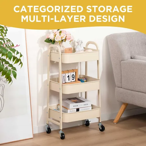 Vista 2 de AGTEK Carrito de maquillaje, Carrito organizador móvil rodante,Carrito utilitario de metal de 3 niveles, Beige