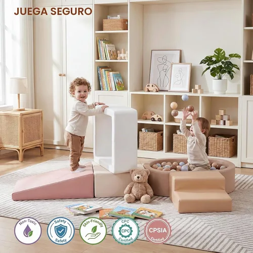 Vista 3 de JungleDove Juego de bloques de escalada de espuma suave para niños pequeños – 5 piezas ovaladas de bolas y estructura de juego con cuero crema