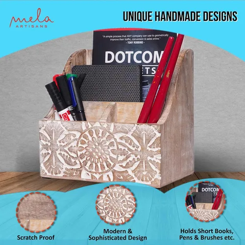Vista 2 de Mela Artisans Organizador de escritorio de madera blanqueada de 7.2 x 7.3 pulgadas, soporte de correo de madera con almacenamiento de múltiples