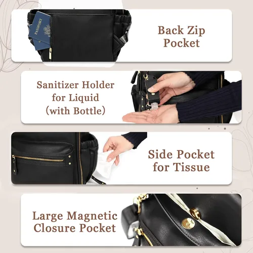 Vista 5 de Miss Fong - Mochila pequeña para pañales, mini mochila para pañales con 11 bolsillos, mochila mini para pañales de bebé con soporte para Negro