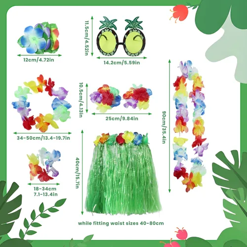 Vista 2 de Paquete de 8 faldas de hierba de bailarina hawaiana, falda de baile de hula con accesorio de disfraz de flores, disfraz hawaiano de fiesta de hula