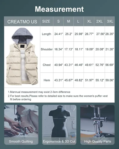 Vista 77 de CREATMO US Chaleco cálido para mujer, chaleco grueso acolchado sin mangas con capucha desmontable