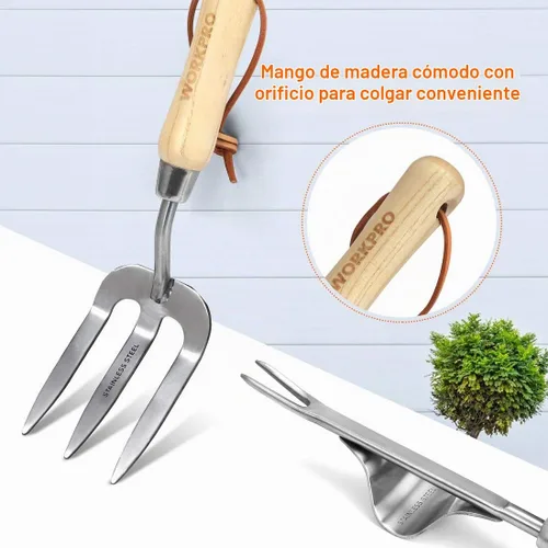 Vista 5 de WORKPRO Juego de herramientas de jardín, 8 piezas, herramientas de jardinería resistentes de acero inoxidable con mango de madera, incluyendo bolsa