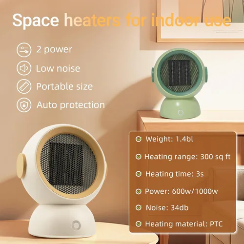 Vista 8 de Calentador de espacio, calentadores eléctricos portátiles para habitación pequeña, para uso en interiores, dos velocidades, 1200 W, mini