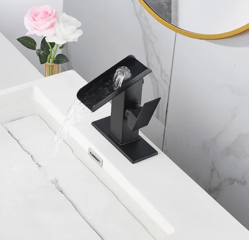 Vista 7 de Grifo de baño negro cascada 1 agujero baño lavabo lavabo fregadero grifo de una sola manija moderna lavabo grifo latón cubierta montaje comercial