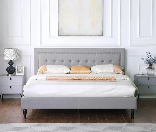 Vista 6 de Base de cama de plataforma tapizada completa con cabecera de 43.5 pulgadas de alto, cama de tela con botones, soporte de listones de madera con Gris