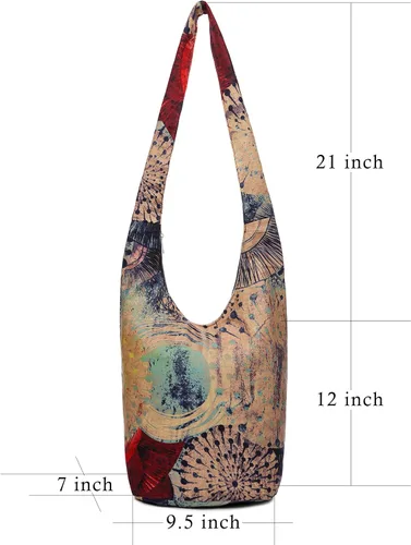 Vista 4 de Bolsa de hombro para mujer, de lona en estilo hippie/bohemio para llevar cruzada al hombro, disponible en diferentes colores y estampados