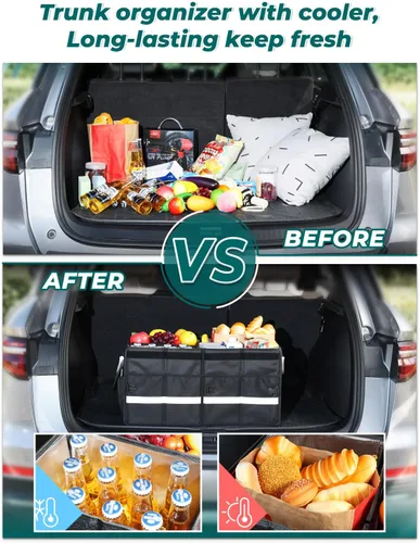 Vista 2 de YOHOOLYO Organizador de maletero de automóvil con bolsa refrigeradora aislada plegable para SUV con múltiples compartimentos y tapa