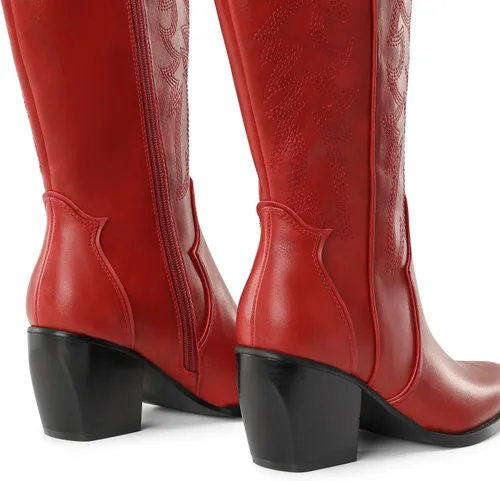 Vista 4 de DREAM PAIRS Botas vaqueras para mujer, cómodas, con cremallera, tacón grueso, puntera puntiaguda, bordadas, vaquera occidental, botas altas hasta