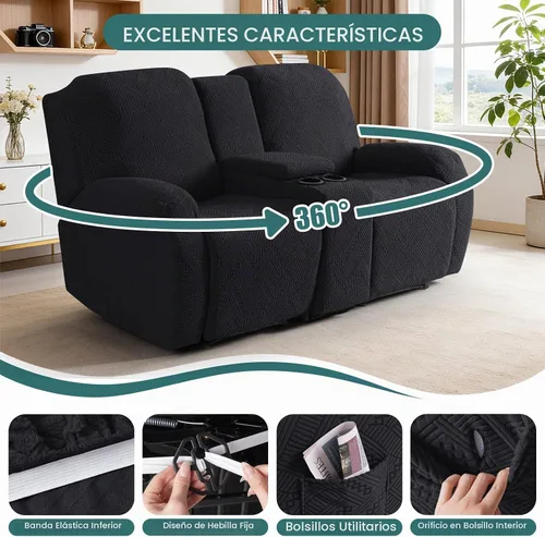 Vista 5 de Ruaozz - Fundas elásticas para sofá reclinable con consola de 4 piezas, con bolsillos, fundas de jacquard para sofá reclinable, protectores
