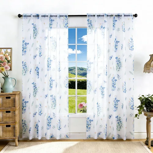 Vista 10 de youleyar - Cortinas florales transparentes para sala de estar, 54 pulgadas Cortina semitransparente blanca con estampado de flores/mariposas