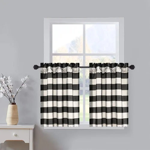 Vista 24 de VOGOL Cenefa de cuadros marrón con textura de lino para dormitorio, sala de estar, diseño de bolsillo para barra, fácil de colgar, 52 x 12 pulgadas