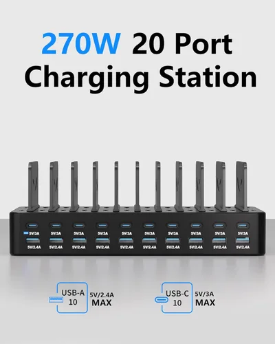 Vista 2 de Estación de carga de 270 W para múltiples dispositivos, estación de carga rápida USB de 20 puertos con divisores ajustables y 10 cables, base