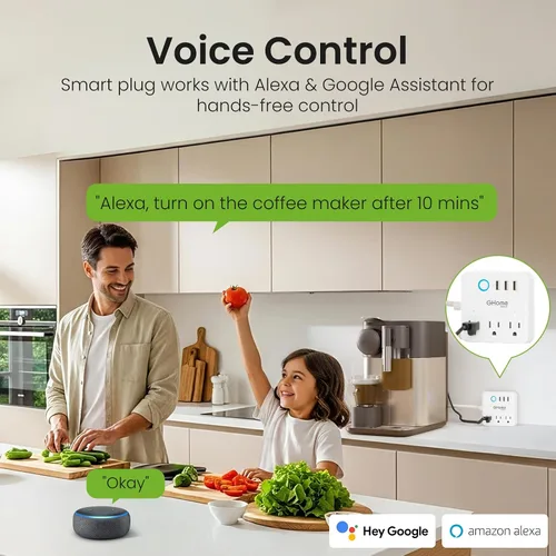 Vista 2 de GHome Smart Regleta protectora contra sobretensiones 10A, enchufe inteligente que funciona con Alexa y Google Home, tomas WiFi 6 en 1 con control