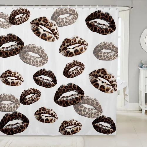 Vista 10 de Feelyou Leopard Print Lips Shower Curtain for Bathroom Decor Cheetah Print Bath Curtain Kissing Lips Bathroom Accessories Waterproof Polyester