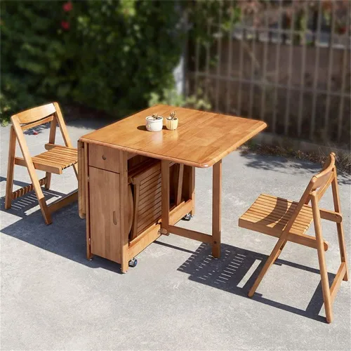 Vista 4 de LAKIQ Mesa de comedor plegable de madera maciza con almacenamiento, mesa de cocina rectangular con cajones, mesa de cocina plegable con ruedas, solo