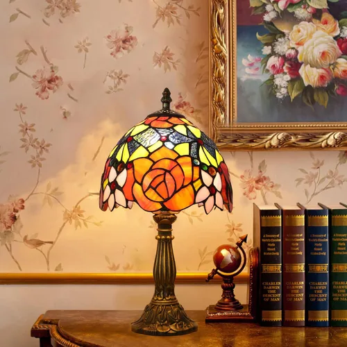 Vista 7 de Lámpara de Mesa Estilo Tiffany 3 Temperaturas de Color Lámparas de Vidrio Emplomado con Flores Rosas Lámpara de Mesa Pequeña Antigua para Mesita