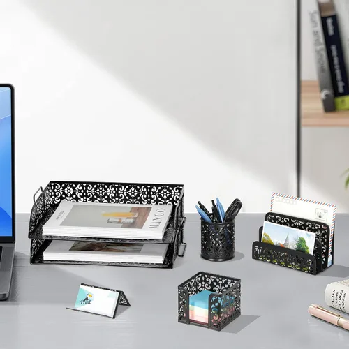 Vista 7 de EasyPAG Set organizador de escritorio 5 en 1 – Incluye 2 Charolas tamaño papel Carta, Clasificador de cartas, soporte de bolígrafos, recipiente