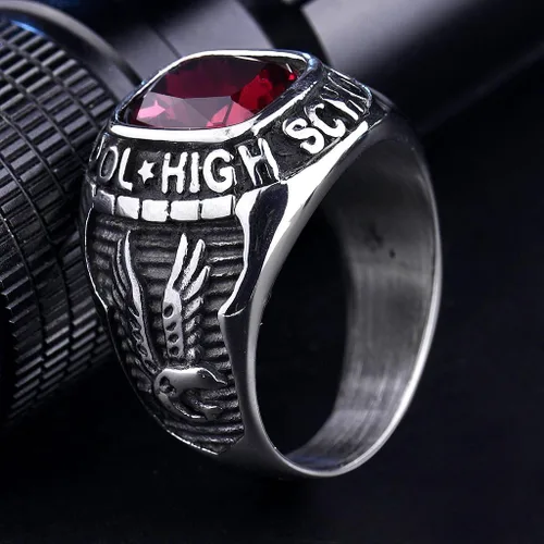 Vista 4 de Retro Eagle Red Ruby Color Crystal Anillos de escuela secundaria de acero inoxidable para hombres tono plateado tamaño 8-15