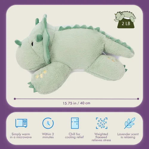 Vista 6 de KOWSI® Almohadilla térmica de felpa Triceratops con peso de 1.4 libras para Triceratops verde claro