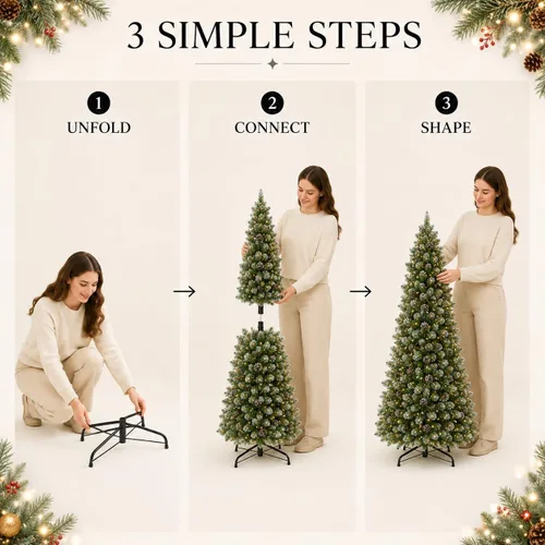 Vista 8 de 4.5 ft Frosted Artificial Pencil Christmas Tree with Pine Cones PVC foliage, hinged branches, foldable stand, indoor holiday decor for apartments