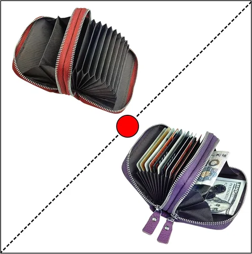 Vista 10 de Cartera de cuero para mujer, con doble tarjeta, tarjetero con cremallera, múltiples compartimentos, bloqueo RFID C-W-1, Rosado, Talla única