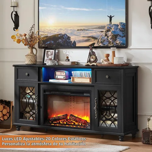 Vista 3 de Joaxswe Farmhouse - Soporte para TV con chimenea eléctrica y luces LED Negro