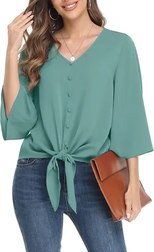 Vista 16 de VIISHOW Blusas de verano para mujer, con botones, cuello en V, de gasa, mangas acampanadas de 3/4, con nudo, casuales 01 Blanco