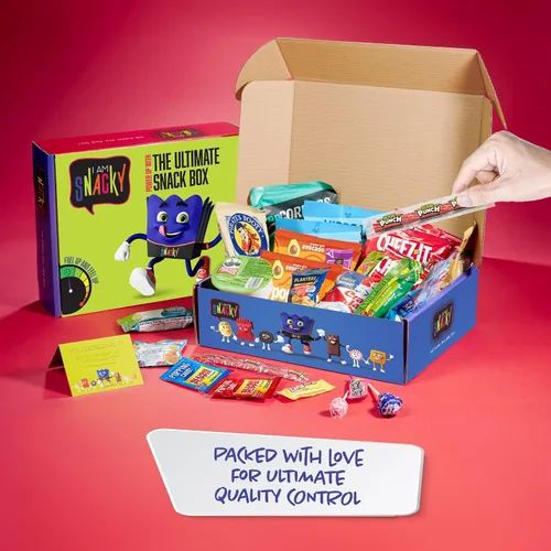 Vista 2 de I AM Snacky - Caja de aperitivos paquete variado de cuidado + tarjeta de felicitación - Caja de aperitivos (40 unidades) Cesta de regalo de dulces