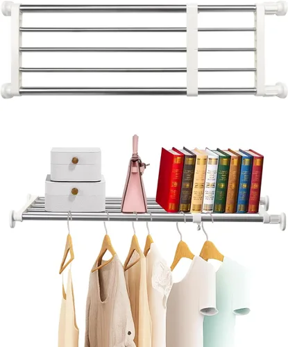 Vista 11 de BAOYOUNI - Estante de tensión expandible para armario de ropa organizador ajustable con divisores/separadores DIY para guardar ropa en color marfil