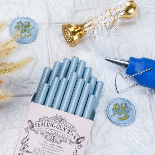 Vista 2 de 16 varillas de cera para pistola de pegamento azul sucio para pistola de pegamento pequeña, hacer sellos para invitaciones de boda, sobres