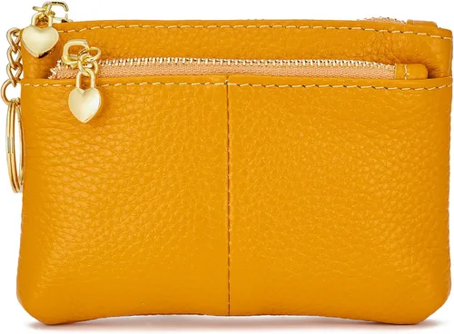 Vista 13 de Mini monedero con cremallera de cuero genuino para mujer, con llavero con triple cremallera, tarjetero Negro