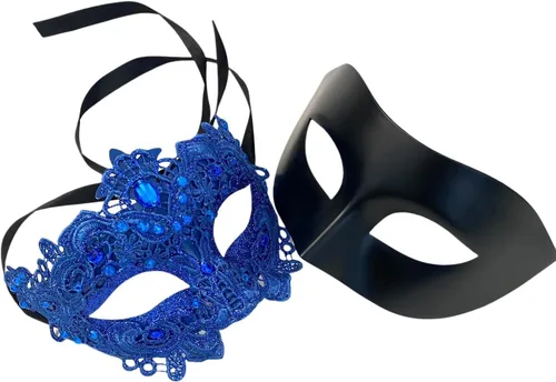 Vista 21 de MASQ Par de máscaras de encaje brocado para mascarada, Mardi Gras, cumpleaños, graduación, boda, fiesta Bk Lace W Pluma