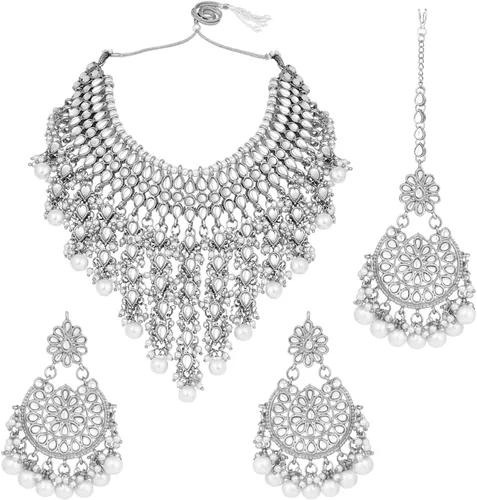 Vista 13 de Aheli Elegant Wear - Gargantilla con tachuelas Kundan de imitación con juego de Maang Tikka Azul