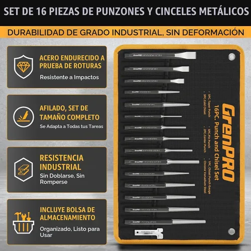 Vista 2 de GRENPRO Juego de cinceles perforadores resistentes de 16 piezas, 40CrV