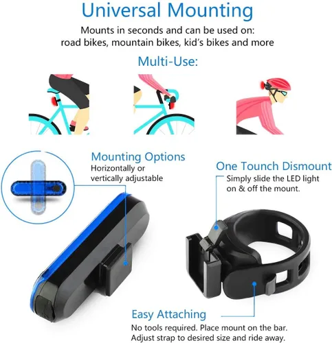 Vista 6 de Paquete de 2 luces traseras azules para bicicleta, luces traseras de bicicleta recargables por USB, ultra brillantes, luz trasera LED de alta
