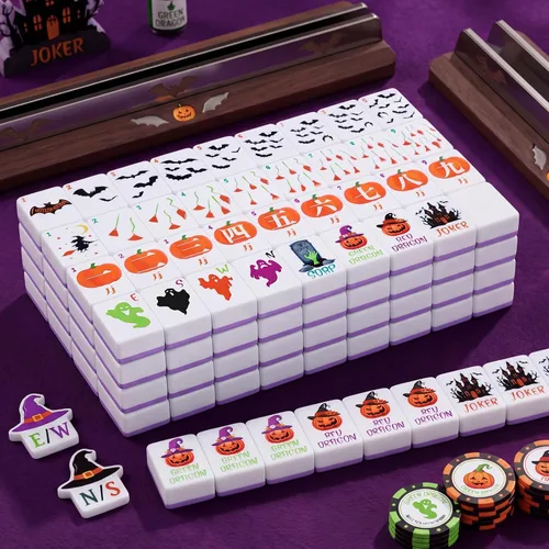 Vista 4 de Halloween American Mahjong Set 160 azulejos, calabaza, morado